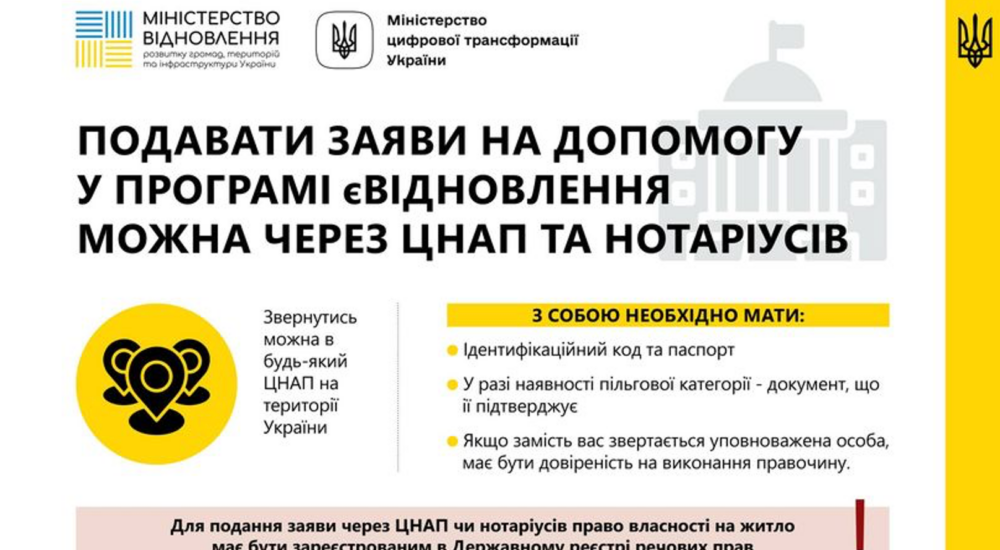 єВідновлення: заяву на отримання допомоги тепер можна подати через ЦНАПи або нотаріусів